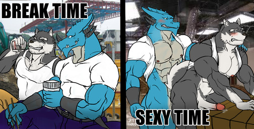 abs anal anal_penetration anthro athletic balls belt bent_over biceps big_muscles black_nose blue_body blue_scales blue_skin blush bodily_fluids bottomless bottomwear claws clenched_teeth clothed clothing clothing_lift construction construction_worker cum duo erection eyes_closed fangs from_behind_position fur genital_fluids genitals grey_body grey_fur grin hand_on_shoulder horn humanoid_genitalia humanoid_penis interspecies leaking leaning leaning_forward male male/male male_penetrated male_penetrating male_penetrating_male muscular muscular_male nipples nude outside pants pecs penetration penis photo_background precum scales scar sex shirt shirt_behind_head shirt_lift smile standing tank_top teeth topwear vein worker hentist overlooking_high mythology gantetsu ryuga_takagi canid canine canis domestic_dog dragon husky mammal mythological_creature mythological_scalie nordic_sled_dog reptile scalie spitz 2013 photography_(artwork)