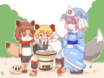 accessory alternate_species ambiguous_gender anthro bodily_fluids chopsticks cooking female feral food furrification group hair_accessory hair_ribbon holding_chopsticks holding_object mochi outside ribbons saliva shichirin usb_port_(nicoseiga46816714) cookie_(touhou) manatsu_no_yo_no_inmu touhou benikurage inmu-kun nadeko_(cookie) reimu_hakurei rumia sakenomi_(cookie) vivian_(cookie) yuyuko_saigyouji canid canine canis domestic_dog loris lorisoid mammal primate raccoon_dog slow_loris strepsirrhine tanuki hi_res