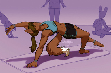 5_fingers 5_toes anthro bottomwear bra brown_body brown_fur clothed clothing exercise feet femboy fingers fur group male midriff navel shorts smile solo_focus sports_bra toes underwear yoga kittydee canid canine canis fox hybrid mammal wolf 2022 dated digital_media_(artwork)