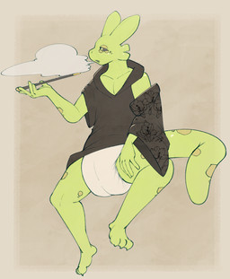 anthro asian_clothing clean_diaper clothing diaper east_asian_clothing green_body japanese_clothing kimono kiseru male sitting smoking smoking_pipe solo steelshark raddums amphibian salamander hi_res