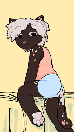 anthro bed bedroom brown_body brown_eyes butt cel-shaded clothed clothing curly_hair detailed_background fully_clothed furniture hair inside looking_at_viewer male markings multicolored_spots pawpads paws shirt shota side_view skimpy spots tank_top toony topwear white_hair white_markings young conditional_dnp furward_thinker ezra_(furward_thinker) domestic_cat felid feline felis mammal 2025 4k 9:16 absurd_res colored digital_drawing_(artwork) digital_media_(artwork) hi_res shaded
