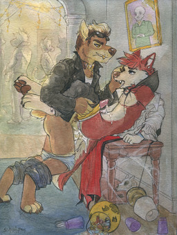 4_toes anal anal_orgasm anal_penetration animal_genitalia animal_penis anthro anthro_on_anthro anthro_penetrated anthro_penetrating anthro_penetrating_anthro balls bodily_fluids candy cheek_tuft chest_tuft clothed clothing costume crowd cum cum_in_ass cum_inside cum_on_self cum_while_penetrated dessert digitigrade dominant duo_focus ear_piercing ejaculation exhibitionism face_grab facial_tuft feet finger_fetish finger_in_mouth finger_play fingers food genital_fluids genitals group hands-free holidays inside jacket leather leather_clothing leather_jacket leather_topwear male male/male male_penetrated male_penetrating male_penetrating_male nipples orgasm partially_clothed party penetration penile penile_penetration penis piercing public sex smile toes topwear tuft underwear sicklyhypnos halloween canid canine canis domestic_dog mammal 2017 hi_res painting_(artwork) traditional_media_(artwork) traditional_painting_(artwork) traditional_watercolor_(artwork) watercolor_(artwork)
