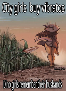 anthro big_butt bodily_fluids brown_clothing brown_dress brown_hair butt clothed clothed_anthro clothed_female clothing corn cornstalks detailed_background dirt dress dripping farm farmer female food footwear furgonomics genital_fluids hair hat headgear headwear high_heels horn humor long_hair low-angle_view orange_body outside plant rear_view shoes sky solo spiked_tail spikes spikes_(anatomy) sun_hat sundress sunrise tail text underbutt vaginal_fluid_drip vaginal_fluids walking walking_away eddodoodle country_girls_make_do goodbye_volcano_high ko_op_(game_developer) rosa_(gvh) aquilops ceratopsian dinosaur marginocephalian ornithischian prehistoric_species reptile scalie artist_name colored english_text hi_res meme shaded