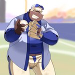 anthro ball baseball_(ball) baseball_(sport) baseball_cap baseball_field baseball_glove baseball_uniform belly big_belly black_nose bottomwear brown_body clothing hat headgear headwear humanoid_hands kemono male outside overweight overweight_male pants shirt solo sport sportswear topwear uniform dokyudokyu1 bear mammal 1:1 2022 absurd_res hi_res