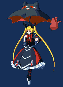 blonde_hair boots bow_(feature) bow_tie clothing dress eyes_closed female footwear hair long_hair membrane_(anatomy) membranous_wings open_mouth red_body red_skin ribbons shoes umbrella wings unknown_artist arc_system_works blazblue rachel_alucard bat domestic_cat felid feline felis human mammal vampire 2d_animation animated low_res