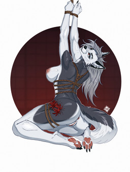5_fingers anthro anus areola bdsm black_ears black_eyeshadow black_nose bondage bound butt cheek_tuft claws ear_piercing ear_ring eyebrow_piercing eyeshadow facial_piercing facial_tuft feet female fingers flower fluffy fluffy_tail fur genitals grey_body grey_fur grey_hair hair humanoid_genitalia looking_at_viewer looking_back makeup multicolored_body nipples piercing plant rear_view red_eyes red_sclera restraints ring_piercing rope rope_bondage rope_harness solo tail teeth toe_claws toes tuft vulva moirah hellaverse helluva_boss mythology loona_(helluva_boss) canid canid_demon canine canis demon hellhound mammal mythological_canine mythological_creature wolf absurd_res hi_res