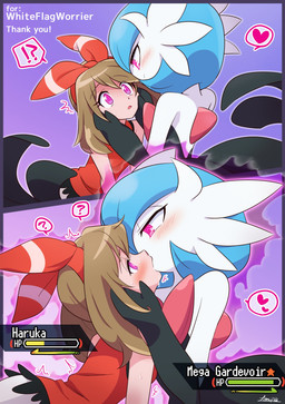 accessory blush bodily_fluids brown_hair clothing duo eye_contact female female_on_humanoid gameplay_mechanics gui hair hair_accessory hairband health_bar heart_reaction heart_symbol holding_head human_on_humanoid hypnosis interrobang interspecies kiss_on_lips kissing looking_at_another male male/female mind_control not_furry open_mouth pink_eyes pokephilia question_mark saliva shirt simple_background smile speech_bubble sweat text topwear white_body white_skin lospa_mog nintendo pokemon may_(pokemon) pokemon_trainer saikikku generation_6_pokemon human humanoid mammal mega_evolution mega_gardevoir pokemon_(species) shiny_pokemon absurd_res english_text hi_res sequence shaded signature
