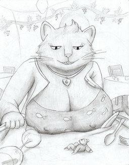 anthro big_breasts breasts chair cleavage clothed clothing container cup cutlery detailed_background drinking_glass duo extreme_size_difference eyelashes female female_anthro fork fully_clothed fur furniture glass glass_container glass_cup head_tuft inside jacket jewelry kitchen_utensils larger_female looking_down looking_down_at_another male male/female male_anthro micro necklace nipple_outline restaurant size_difference smaller_male spoon table teeth tools topwear tuft whiskers wine_glass efhosci bojack_horseman netflix princess_carolyn ralph_stilton domestic_cat felid feline felis mammal mouse murid murine rodent 2017 graphite_(artwork) greyscale hi_res monochrome shaded sketch traditional_media_(artwork)