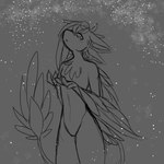 anthro drawing feathers looking_up male sky solo standing star starry_sky tail sparkleshroom harbalarm_(character) avali avian 1:1 greyscale hi_res monochrome