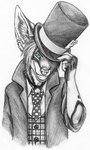 alternative_fashion anthro big_ears blue_eyes clothed clothing dress_shirt ear_piercing hair hat headgear headwear holding_clothing holding_hat holding_headgear holding_headwear holding_object jacket looking_at_viewer male necktie pattern_clothing piercing rolled_up_sleeves shirt short_hair simple_background smile solo suit top_hat topwear vest victoriana white_background speed_(artist) alice_in_wonderland mad_hatter canid canine fox mammal 2007 detailed half-length_portrait portrait spot_color