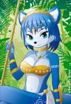 anthro blue_body blue_fur blue_hair breasts cleavage clothed clothing female forest fur hair jewelry jungle krystal's_staff navel plant solo tree white_body white_fur arkangel-zigma nintendo star_fox krystal_(star_fox) canid canine fox mammal adobe_illustrator_(artwork) digital_media_(artwork) hi_res