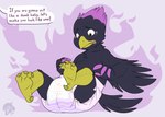 age_regression anthro bodily_fluids clean_diaper clothed clothing crying diaper male solo surprise tears text wearing_diaper bubblepuppers gambit gambit_(the_corvid) avian bird corvid oscine passerine english_text