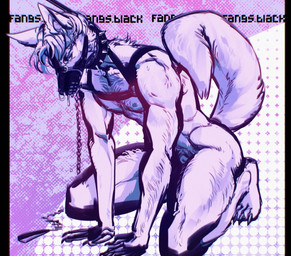 animal_genitalia anthro barely_visible_genitalia barely_visible_sheath bdsm bodily_fluids chain chain_leash collar drooling facial_piercing fully_sheathed fur genitals harness kneeling leash leashed_collar male male_anthro muscular muscular_anthro muscular_male muzzle_(object) muzzled nipples nose_piercing nose_ring piercing ring_piercing saliva sheath solo submissive submissive_anthro submissive_male white_body white_fur fangs.black canid canine canis mammal wolf better_version_at_source hi_res