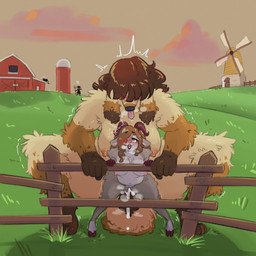 5_fingers against_fence against_surface ambiguous_penetration anthro anthro_on_anthro balls barn big_balls big_breasts blush bodily_fluids breasts brown_body brown_fur brown_hair cloud cum cum_inside cutlery detailed_background duo_focus evening exclamation_point farm female fence fingers fork fur genital_fluids genitals grass grey_body grey_fur grey_wool group gynomorph gynomorph/female hair holding_fork hooves horn huge_balls intersex intersex/female kitchen_utensils looking_up navel nipples nude open_mouth orgasm_face outside penetration plant sex silo size_difference spread_legs spreading tail tongue tongue_out tools windmill wool_(fur) cinnamimi katrina_(sapphicslob) sophie_(cinnamimi) bovid canid canine canis caprine domestic_dog mammal sheep 1:1 2025 digital_media_(artwork) hi_res