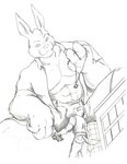 2009 abs anthro beachcomber biceps big_muscles biped black_and_white bottomwear building canid canine canis clothed clothing coyote draylen duo fur holding_jewelry holding_necklace holding_object holding_vehicle jewelry lagomorph larger_anthro larger_male leporid low-angle_view macro male mammal monochrome muscular muscular_anthro muscular_male necklace open_clothing open_shirt open_topwear pants pecs quinn_(artist) rabbit shirt shorts size_difference smaller_anthro smaller_male smile tail topwear vehicle