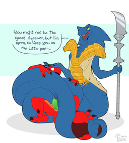 anthro armor blue_body blue_scales coiling duo female genitals gold_(metal) gold_armor green_penis headpat male male/female penetration penis red_body red_skin scales scepter spikes tail tail_coil tattoo text bere_dolly_art aspheera_(ninjago) rebal_(malicious) lizard reptile scalie serpentine_(ninjago) absurd_res hi_res