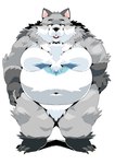 anthro belly big_belly black_nose fur grey_body grey_fur humanoid_hands kemono male moobs navel overweight overweight_male simple_background solo white_background white_body white_fur sigenoya takotyutyu canid canine canis mammal wolf 2021 absurd_res hi_res