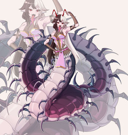 antennae_(anatomy) armwear big_breasts black_hair blowup_background breasts bridal_gauntlets clothing exoskeleton female hair humanoid_pointy_ears long_hair long_tongue looking_at_viewer multicolored_hair open_mouth open_smile pointy_ears purple_body purple_exoskeleton red_antennae red_eyes sharp_teeth simple_background smile solo teeth tongue tongue_out translucent translucent_clothing two_tone_hair white_hair zoom_layer shi_huaan_ling_feeng arthropod arthropod_taur centipede centipede_taur humanoid_taur myriapod myriapod_taur taur 2025 absurd_res full-length_portrait hi_res portrait