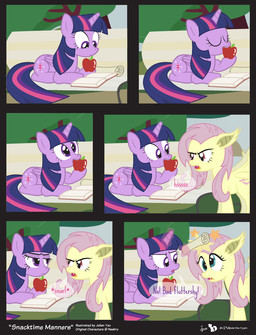 apple bat_wings bench blue_eyes book cutie_mark duo eating eyes_closed fangs feathered_wings feathers female feral food frown fruit fur glowing hair horn long_hair magic membrane_(anatomy) membranous_wings multicolored_hair outside pink_eyes pink_hair plant purple_body purple_eyes purple_feathers purple_hair scroll sitting teeth text tongue tree two_tone_hair wings yellow_body yellow_fur dm29 friendship_is_magic hasbro my_little_pony mythology flutterbat_(mlp) fluttershy_(mlp) twilight_sparkle_(mlp) bat_pony equid equine hybrid mammal mythological_creature mythological_equine pegasus winged_unicorn comic english_text