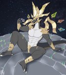4_fingers 4_toes abs anthro chronos_(dragalia_lost) chronos_nyx cygames dragalia_lost dragon exsys feet fingers gold_(metal) hi_res male muscular muscular_male mythological_creature mythological_scalie mythology nintendo reptile scalie sitting solo space spread_legs spreading tail toes wingless_dragon