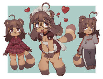 ahoge anthro barefoot blue_background border bottomwear breasts brown_hair cleavage clothed clothing eyelashes eyewear feet female fur fur_markings glasses grey_clothing grey_sweater grey_topwear hair half-closed_eyes hands_on_knees hands_on_legs heart_symbol kemono maid_headdress maid_uniform markings narrowed_eyes orange_eyes pants pattern_clothing plaid plaid_clothing round_glasses simple_background solo sweater sweatpants topwear uniform white_border sanjiro canid canine mammal raccoon_dog tanuki