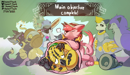 accessory after_vore ambiguous_gender anthro armor bag barrel bell black_claws blonde_hair bodily_fluids bomb breath claws collar duo_focus explosives facepalm feathers feral forest forest_background fully_inside fur furgonomics gameplay_mechanics green_collar green_insides group hair inside_stomach internal leaning_on_belly long_tail machine male male/male melee_weapon nature nature_background oral_vore pink_body pink_fur plant purple_body purple_feathers red_body red_fur rumbling_stomach scales shield sweat sweatdrop sword tail tail_accessory tail_bag tight_belly tight_bulges tree vore weapon yellow_body yellow_scales howzit_toyah capcom monster_hunter plusho avian bird_wyvern canid canine canis domestic_cat felid feline felis flying_wyvern mammal protogen rath_wyvern rathalos seikret wolf hi_res