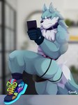 anthro bent_leg big_butt blurred_background bulge butt cellphone clothing collar electronics footwear frown fur gloves handwear holding_object holding_phone inside jockstrap male muscular muscular_anthro muscular_male narrowed_eyes phone shoes smartphone socks solo standing taking_picture tuft underwear therot0 brand_new_animal studio_trigger shirou_ogami canid canine canis mammal wolf 2021 3:4 absurd_res hi_res signature