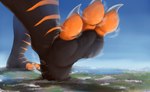 3_toes absurd_res anthro barefoot black_body city claws cloud destruction dragon feet foot_focus foot_shot giga hi_res kurtcbrox kurtcbrox_(character) landscape_dwarfing macro male mythological_creature mythological_scalie mythology orange_body paws scalie soles solo stomping toe_claws toes
