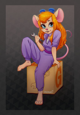 anthro barefoot biped blue_eyes breasts clothed clothing coveralls eyelashes eyewear eyewear_on_head feet female fully_clothed fur goggles goggles_on_head hair hindpaw holding_object holding_tool holding_wrench jumpsuit long_hair orange_hair pattern_background paws pink_nose purple_clothing simple_background sitting solo tail tan_body tan_fur text tools wrench onomari chip_'n_dale_rescue_rangers disney gadget_hackwrench mammal mouse murid murine rodent 2021 artist_name digital_media_(artwork) hi_res shaded