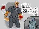 anthro balls_outline big_bulge biped blue_eyes brown_body brown_fur bulge clothed clothing detailed_bulge dialogue fur genital_outline holding_object larger_anthro larger_male male muscular muscular_anthro muscular_male sheath_outline size_difference smaller_human standing tail text justagoodboy john_(justagoodboy) canid canine canis human mammal wolf 4:3 english_text