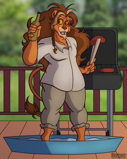 5_fingers anthro backyard beer_bottle bottle bottomwear brown_hair clothed clothed_anthro clothed_male clothing container eyewear fangs fingers food fur glasses grill hair humanoid_hands kiddie_pool male mature_anthro mature_male meat pants partially_submerged sausage shirt solo standing_in_water tail tan_body tan_fur teeth tongs tools topwear water wearing_glasses sketchybug between_the_lions pbs theo_(between_the_lions) felid lion mammal pantherine 4:5 hi_res