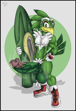 anthro balls big_balls big_penis black_border bodily_fluids border clothing cum eyewear eyewear_on_head feathers footwear genital_fluids genitals glans gloves goggles goggles_on_head green_body green_eyes green_feathers handwear headgear headwear hoverboard huge_balls huge_penis humanoid_genitalia humanoid_penis hyper hyper_balls hyper_genitalia hyper_penis leaking_cum looking_at_viewer male muscular muscular_anthro nipple_outline penis pubes pubic_feathers raphe_(anatomy) shoes simple_background solo steam sweat sweaty_balls sweaty_genitalia tail tail_feathers tuft vein veiny_penis wilelter sega sonic_riders sonic_the_hedgehog_(series) jet_the_hawk accipitrid accipitriform avian bird hi_res