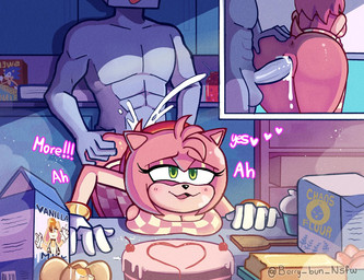 abs accessory anthro anus apron apron_only bent_over bodily_fluids bracelet cake carton clothing cum cum_in_vagina cum_inside dessert duo female food furniture genital_fluids genitals gloves green_eyes grey_body hair_accessory hairband handwear jewelry kitchen looking_pleasured male male/female muscular muscular_male narrowed_eyes pink_body smile table vulva berrybunny sega sonic_the_hedgehog_(series) amy_rose eulipotyphlan hedgehog humanoid mammal