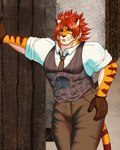 abs anthro clothing fur gloves hair handwear leaning_on_wall male muscular muscular_anthro muscular_male necktie pecs pinstripes red_hair solo striped_body striped_fur stripes topwear vest artificalarthur lifewonders tokyo_afterschool_summoners nomad_(tas) felid mammal pantherine tiger 4:5 hi_res