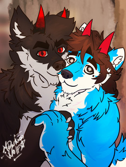 anthro close_together diamond_eyes diamond_pupils duo hand_holding horn looking_at_viewer male male/male neckfloof pupils romantic romantic_couple unusual_pupils mrdarknesswolf dantalos mrdarknesswolf_(character) canid canine canis demon hybrid mammal wolf 3:4 absurd_res hi_res