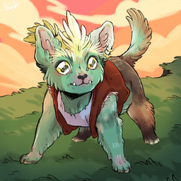 ambiguous_gender blonde_hair clothed clothed_feral clothing feet feral fur grass green_body green_fur hair hindpaw paws plant solo tail underbite arp_artist drawfee_(copyright) drawtectives gyorik_rogdul piss_boy_(drawtectives) domestic_cat felid feline felis mammal 1:1 hi_res