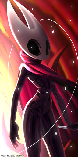 anthro black_body cloak cloak_only clothing detailed_background featureless_crotch mask mostly_nude navel red_cloak red_clothing segmented_body slim solo white_mask barryfactory hollow_knight_(franchise) team_cherry hornet_(hollow_knight) arthropod 2021 absurd_res hi_res portrait three-quarter_portrait female_(lore)