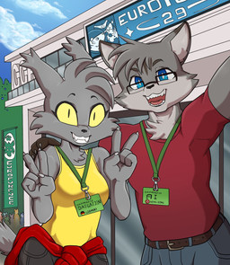 anthro belt black_nose blue_eyes breasts clothed clothed_anthro clothed_female clothed_male clothing dipstick_ears duo ear_markings female fur gesture grey_body grey_fur grin hand_gesture male multicolored_ears open_mouth outside shirt smile tail tank_top tongue topwear v_sign yellow_eyes daigaijin ai_(boxneko) toastercat domestic_cat felid feline felis mammal 2025 hi_res