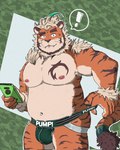 anthro belly bulge cellphone clothing electronics exclamation_point fur jockstrap male musclegut muscular navel nipples orange_body orange_fur pecs phone smartphone solo striped_body striped_fur stripes underwear srtige9 lifewonders tokyo_afterschool_summoners hombre_tigre_(tas) felid mammal pantherine tiger hi_res