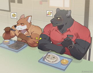 anthro black_body black_fur blush bowl bread brown_body brown_fur clock clothing container cutlery duo eating emoji facial_tattoo food forearm_muscles fork fur furniture gloves_(marking) holding_food holding_object holding_spoon id_number jumpsuit kitchen_utensils knife male male/male markings muscular muscular_anthro muscular_male noodles numbered_tag orange_body orange_fur orange_jumpsuit plate prison prison_uniform prisoner red_jumpsuit red_uniform speech_bubble spoon table tattoo tools tray uniform wall_(structure) watch wrapper wristwatch yellow_sclera raccoon21 back_to_the_dawn metal_head_games bob_(bttd) thomas_(bttd) canid canine felid fox mammal pantherine 2025 absurd_res hi_res