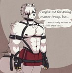 abs anthro armband black_nipples clothing dialogue eye_patch eyewear fur gold_(metal) gold_ring hair harness inner_ear_fluff leather looking_at_viewer male muscular muscular_male navel nipples pecs red_clothing red_eyes red_underwear simple_background snout solo speech_bubble tail text tuft underwear white_body white_fur white_hair fluffyhound mihoyo zenless_zone_zero von_lycaon canid canine canis mammal wolf absurd_res english_text hi_res watermark