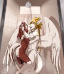 anthro blonde_hair brown_hair butt duo erection eyes_closed feathered_wings feathers genitals hair kissing male male/male penis shower shower_head tail wings cerezo mythology clover_(freckles) siegfried angel angel_dragon dragon equid equine horse mammal mythological_creature mythological_scalie scalie hi_res