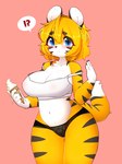 anthro areola big_breasts black_clothing black_panties black_underwear blonde_hair blue_eyes blush breasts clothed clothing dessert female fingers food fur hair ice_cream inner_ear_fluff markings melting_ice_cream multicolored_body orange_body orange_fur orange_hair panties shirt short_hair simple_background solo speech_bubble standing striped_body striped_markings striped_tail stripes tail tail_markings tank_top topwear tuft two_tone_body underwear jupiter_europe felid mammal pantherine tiger 3:4 hi_res