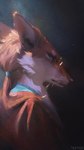 atmospheric blue_eyes clothed clothing ears_back eyewear fur glasses hair long_hair male orange_body orange_fur pivoted_ears ponytail side_view solo wearing_glasses whiskers white_body white_fur nomax smallyu canid canine dhole mammal 2023 9:16 headshot_portrait hi_res portrait