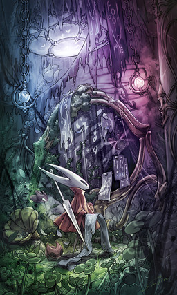 2_horns ambiguous_gender biped black_body black_eyes cloak clothed clothing cogfly detailed_background empty_eyes horn melee_weapon moss paper plant red_cloak red_clothing solo standing weapon weapon_on_back white_eyes sinsin hollow_knight:_silksong hollow_knight_(franchise) team_cherry hornet_(hollow_knight) arthropod 2026 3:5 hi_res female_(lore)