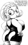 big_breasts breasts butt clothing dress eyewear female glasses looking_back side_boob solo text drake_fenwick dwarf humanoid 2014 english_text grandfathered_content monochrome