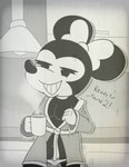 anthro bathrobe beverage bottomwear bottomwear_down bow_ribbon breasts clothed clothing coffee exposed_breasts female pants pants_down partially_clothed pose robe smile smug solo standing toony underwear weirdkoaladream disney minnie_mouse mammal mouse murid murine rodent hi_res monochrome