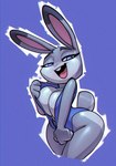 anthro bedroom_eyes big_breasts breasts buckteeth cleavage clothed clothing female leotard looking_at_viewer narrowed_eyes open_mouth seductive solo teeth unzipping bigdad disney zootopia judy_hopps european_rabbit lagomorph leporid mammal oryctolagus rabbit 2023