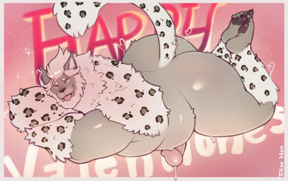 anthro beard belly big_belly big_butt blush bodily_fluids butt facial_hair genital_fluids genitals holidays leaking_precum legs_up leopard_spots looking_at_viewer lying male on_front one_eye_closed pawpads penis precum raised_tail smile solo spots tail thick_thighs tongue tongue_out wink winking_at_viewer tilionmaia final_fantasy final_fantasy_xiv square_enix valentine's_day felid hrothgar mammal hi_res
