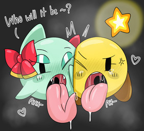 bodily_fluids bow_ribbon clothing cross-popping_vein duo female footwear footwear_only green_body heart_symbol long_tongue looking_at_viewer mostly_nude not_furry one_eye_closed open_mouth oral_invitation question_mark saliva shoes shoes_only text tongue tongue_out uvula yellow_body surjang mario_and_luigi_(series) mario_bros nintendo paper_mario lady_bow starlow boo_(mario) ghost spirit star_sprite waddling_head absurd_res digital_media_(artwork) english_text hi_res